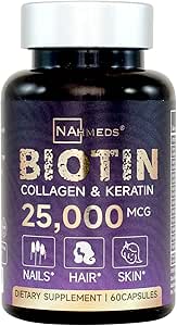 Biotina + Belleza Blend – 25.000 mcg Complejo con Collagen, Keratin, MSM – Pelo, Piel &amp; Nail Support – Gluten-Free – GMP, ISO 22000, HACCP Certified – COA Disponible – 60 cápsulas