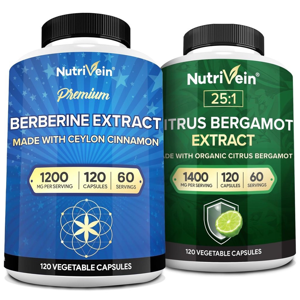 Nutrivein Premium Berberine 1200mg & Citrus Bergamot Extract 1400mg Bundle - Ceylon Cinnamon & 25:1 Bergamia Extract - Weight Management & Immune Support Plus Heart Health - 120 Capsules Each