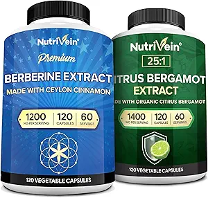 Nutrivein Premium Berberine 1200mg " Citrus Bergamot Extract 1400mg Bundle - Ceilán Cinnamon " 25:1 Bergamia Extract - Weight Management " Immune Support Plus Heart Health - 120 Capsules Cada uno