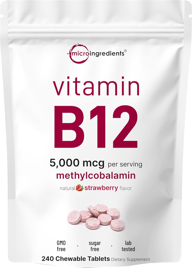 Micro Ingredientes Vitamina B12 5,000 mcg peru Methylcobalamin – 240 Tablas Chewable ← Fast Dissolve, Natural Strawberry Flavor ← Soporta Energía y Metabolismo Salud ANTE Vegan, No GMO, Gluten Free