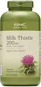 GNC Herbal Plus Milk Thistle 200mg Suplemento, Vegetariano, soporta la función saludable del hígado, 100 servicios