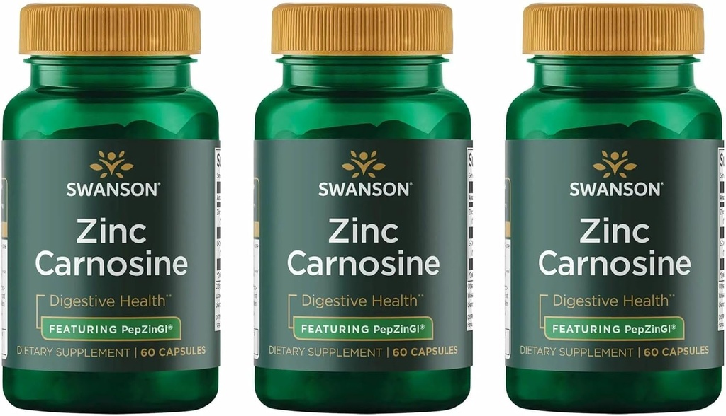 Swanson Zinc Carnosine (PepZin GI) - Suplemento Natural Promoción de la Salud Gástrica &amp; Apoyo Digestivo - Apoya el equilibrio microbiano en el estómago - (60 cápsulas) (3 Pack)