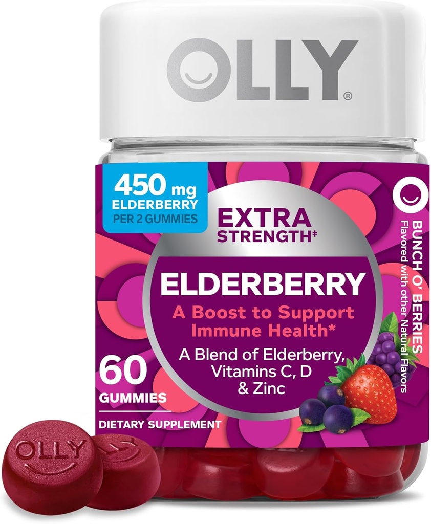 OLLY Extra Strength Elderberry Gummies, Immune Support, 450mg Elderberry, Vitamin C, D and Zinc, Berry - 60 Count