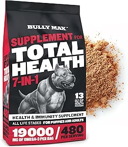Bully Max 7-in-1 Pólvora multivitamínica de perros con Omega 3, 6, Glucosamina " Condroitina para el sistema inmunitario, Salud Digestiva " Conjunta - Topper alimenticio, vitaminas " Suplementos para perros cachorros " adultos, bolsa de 13Oz
