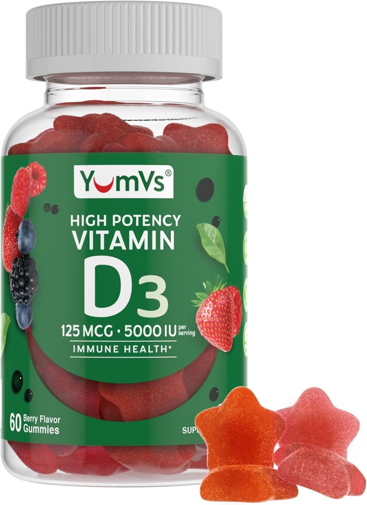 YUM-V'S Vitamin D3 Gummies 5000 IU 125mcg D3 Gummies - Support Immune Support, Strong Bone Health - Non-GMO, Gluten-Free, Dairy-Free, Vitamin D Gummy (60 Count)