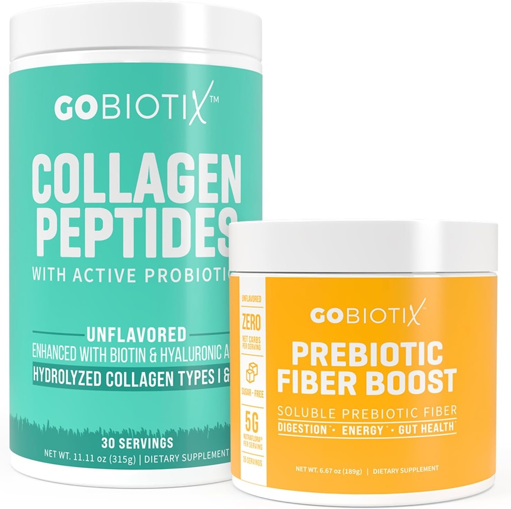 GOBIOTIX Fiber & Collagen Bundle: Peluquería, Skin, Gut Support - 30 Servidores Collagen, 35 Servidores Fiber