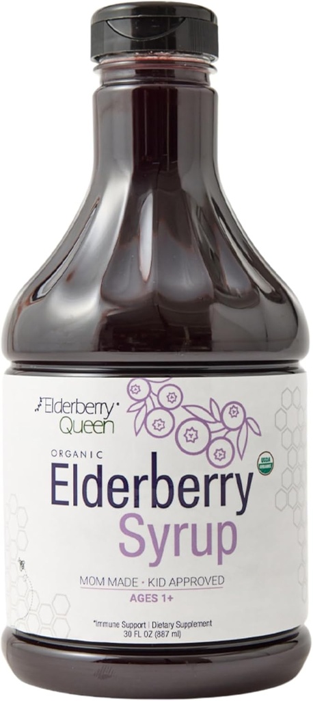Elderberry Queen Organic Elderberry Syrup 30 Fl Oz - Immune Support Formula with Sambucus Black Elderberry " Aronia Berry - Puro Natural Certified Organic Elderberry Syrup for Kids and Adults