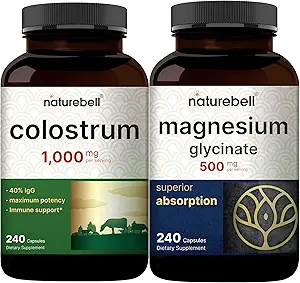 NatureBell Magnesium Glycinate Capsules 500mg & Colostrum Capsules 1000mg Por Serving Bundle Pack ← Chelated & Purified Mineral ← La primera leche de la madre de Grass Fed Bovine