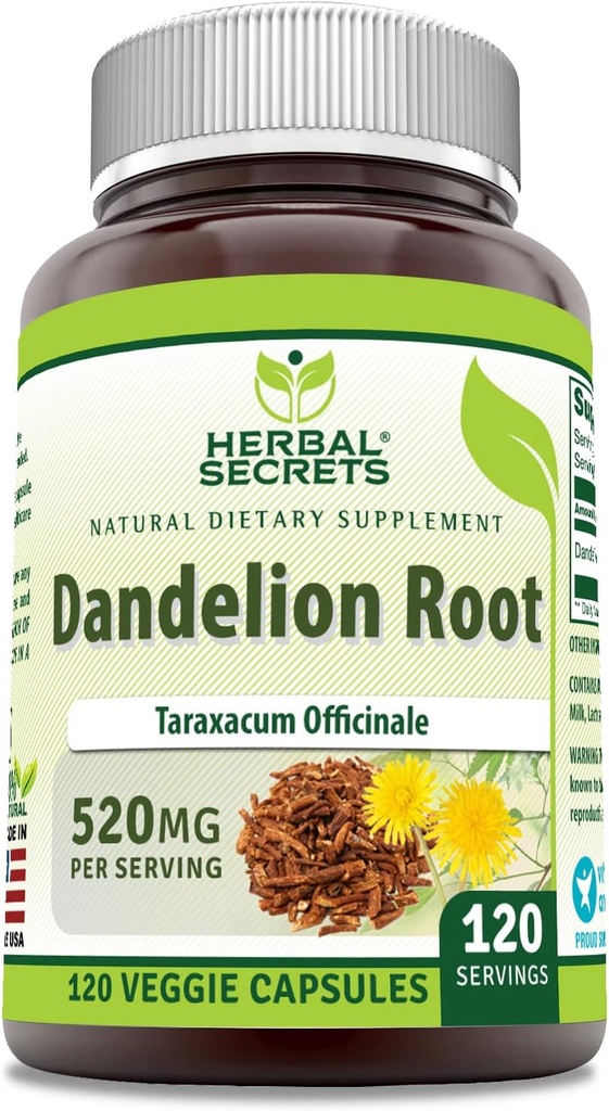 Herbal Secrets Dandelion Root Suplemento TEN 520 Mg ANTE 120 Veggie Capsules Silencio No-GMO Silencio Gluten Free TEN Made in USA