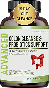 15 Day Gut Cleanse Detox for Women & Men - Advanced 15 Days Colon Cleanse with Probiotics and Psyllium Husk for Constipation Relief, Digestive Health, Colon Cleanser & Gut Health.60 Caps.