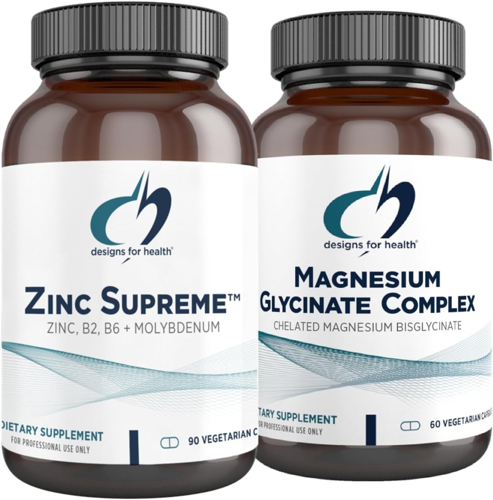 Diseños para el Complejo Glycinate de Magnesio de Salud (60 Capsules) & Zinc Supreme (90 Capsules) - Magnesio de alta absorción con Chelate Bisglycinate Zinc con Cofactores para Soporte Inmunitario
