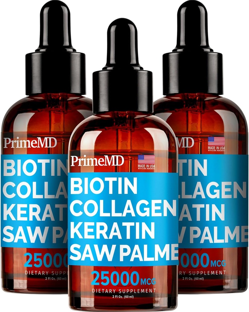 PrimeMD 4-en-1 Líquido Biotina Collagen Keratin Saw Palmetto Drops (3 Pack) Bundle - 25000mcg Pelo uñas y vitaminas de piel para hombres de mujeres - 2 Fl Oz Cada, Watermelon Flavor, Gluten-Free, Non-GMO