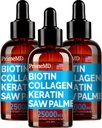 PrimeMD 4-en-1 Líquido Biotina Collagen Keratin Saw Palmetto Drops (3 Pack) Bundle - 25000mcg Pelo uñas y vitaminas de piel para hombres de mujeres - 2 Fl Oz Cada, Watermelon Flavor, Gluten-Free, Non-GMO