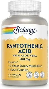 SOLARAY Ácido Pantoténico 500mg - Vitamina B 5 para Coenzime-A Producción y Energía Metabolismo, Pelo, Piel y Nails Soporte - Vegan, Lab Verified, 60-Day Garantía - 100 Servimientos, 100 VegCaps