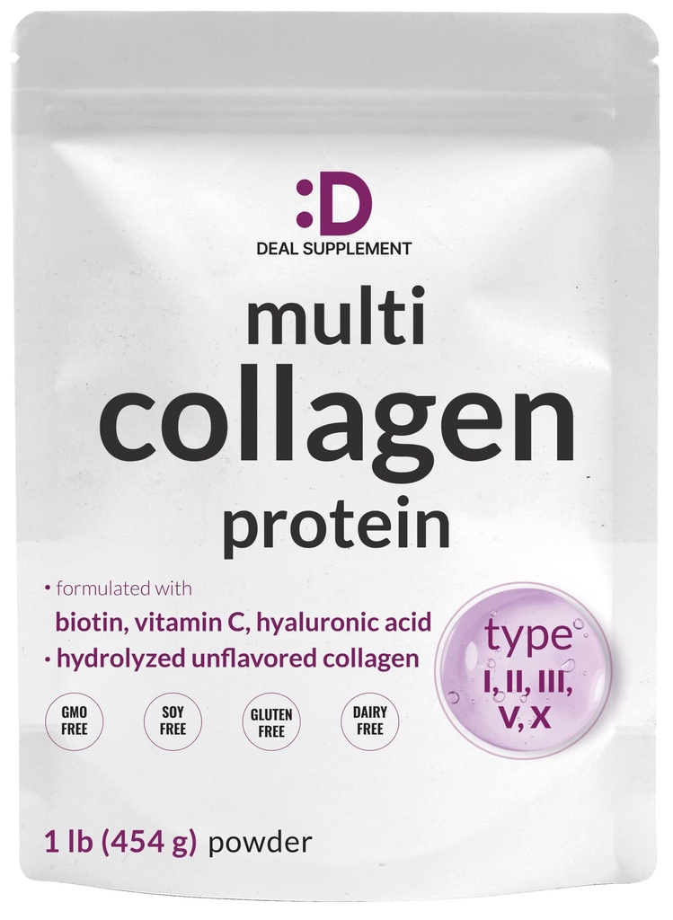 Multi Collagen Protein Powder,1Lb - Tipo I, II, III, V, X Collagen Peptides con Biotina 10000mcg, Vitamina C & ácido hialurónico - Desenflavorado - Keto & Paleo Friendly, Grande para el cabello, la piel, las uñas &amp; juntas