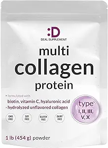 Multi Collagen Protein Powder,1Lb - Tipo I, II, III, V, X Collagen Peptides con Biotina 10000mcg, Vitamina C & ácido hialurónico - Desenflavorado - Keto & Paleo Friendly, Grande para el cabello, la piel, las uñas &amp; juntas