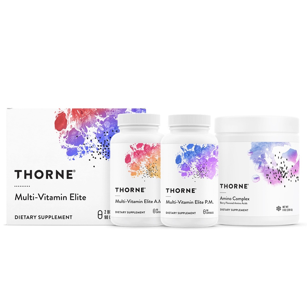 THORNE - Multi-Vitamin Elite AM &amp; PM (180 cápsulas) &amp; Amino Complex (Berry, 8 Oz) Bundle - Apoya la producción energética &amp; rendimiento deportivo - Gluten, Dairy &amp; Soy-Free