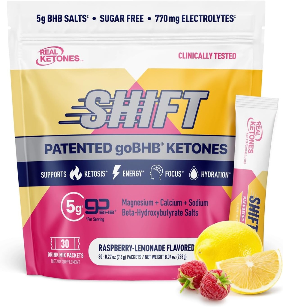 Real Ketones BHB Exogenous Ketones Drink Mix Packets | Electrolytes Powder Packets No Sugar, 4 Main Fasting Electrolytes Plus Hydrating Patented Keto BHB - 30 Count Raspberry Lemonade