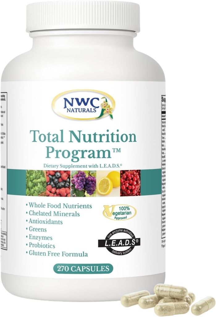 NWC Naturals Programa de Nutrición Total Multivitamina con Enzymes Plus Prebióticos y Probióticos Suplemento, Cuidado Completo para Hombres y Mujeres, Vitaminas Alimentarias enteras Vegetarianas Naturales, 270 cápsulas