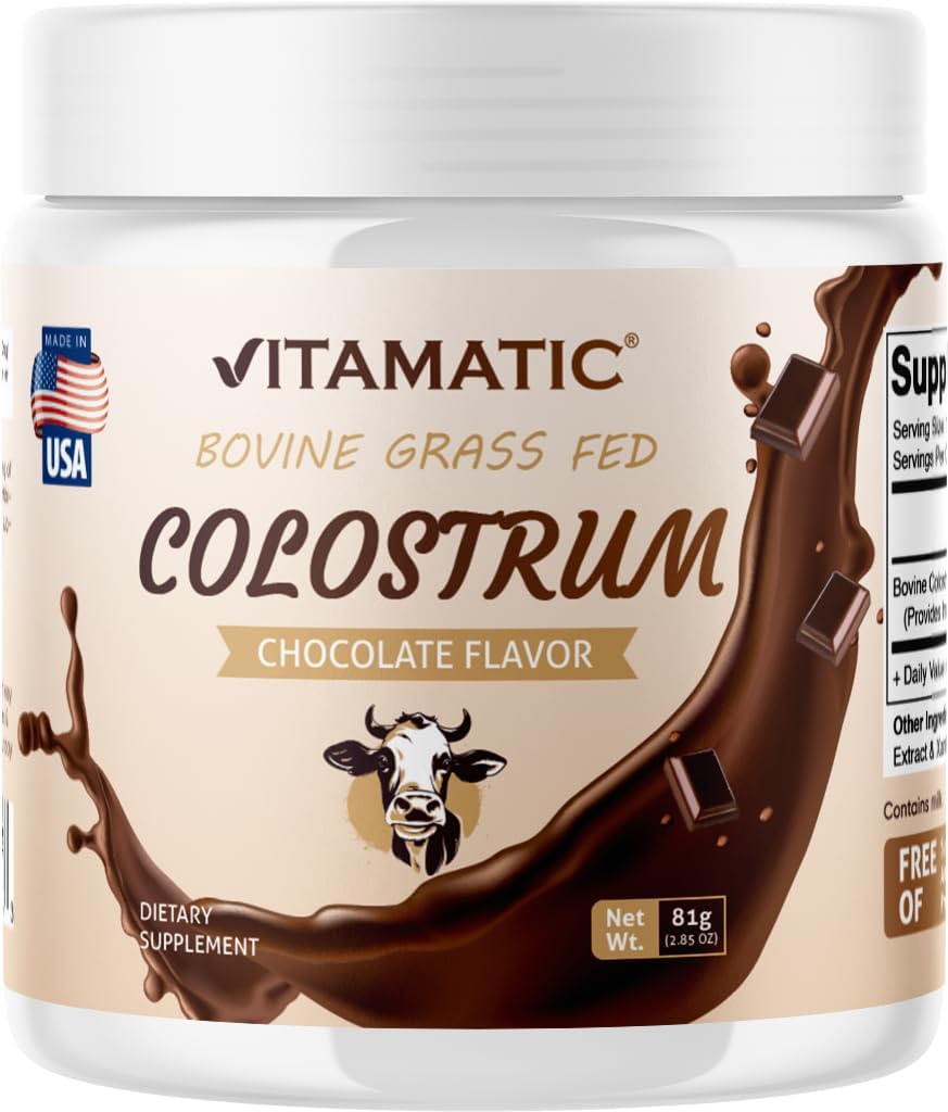 Vitamatic Bovine Colostrum Powder - Suplemento para Gut Health, Hair Growth, Beauty, Muscle Recovery, &amp; Immune Support - Easy to Mix - 81 Gram - 30 Servings (Chocolate Flavor)