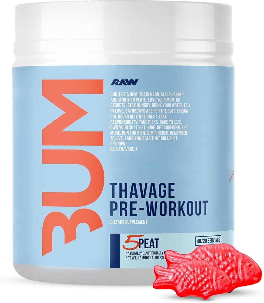RAW Pre Workout Powder, Thavage (5 Peat, Red Gummy) - Chris Bumstead Sports Nutrition Supplement for Men &amp; Women - Cbum Pre Workout for Working Out, Hydration, Mental Focus & Energy - 40 Servings