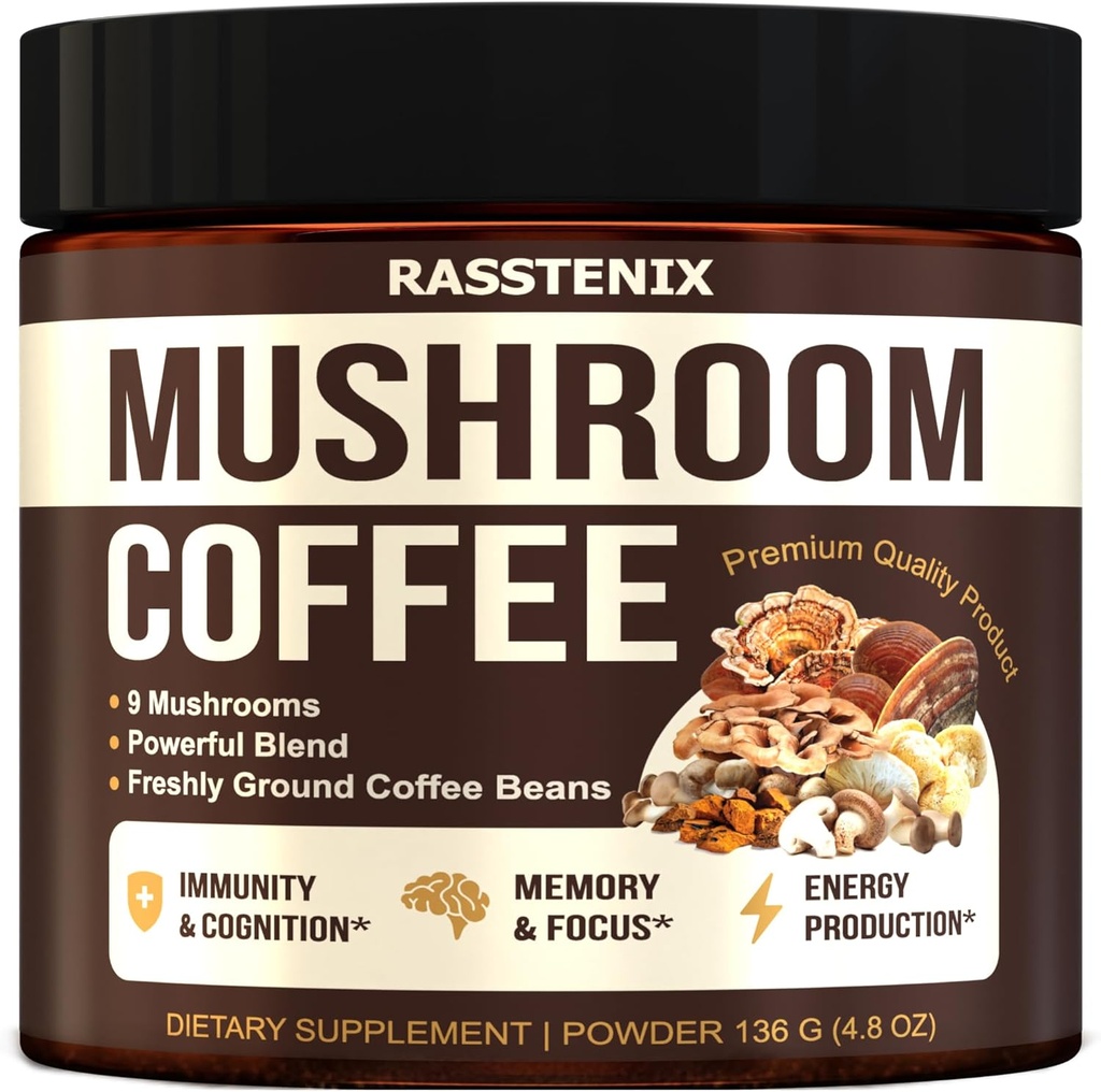 Mushroom Blend - 9 Mushroom Adaptagen Mix - Lion's Mane, Chaga, Vitaminas - Medium Dark Roast - Instant - Immune Support - Gluten-Free and Sugar-Free