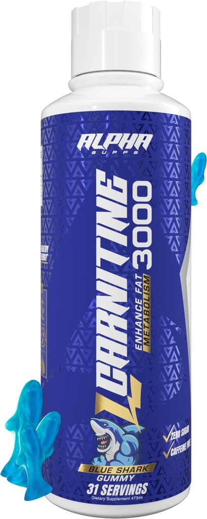 Alpha Supps L Carnitine Liquid 3000 Silencioso libre de estimulantes L-Carnitina Suplemento para Hombres ' Mujeres Anteriores Pre-Workout Energy Boost &amp; Muscle Recovery ← Zero Sugar, Fat, & Carbs  31 Servings (Blue Gummy)