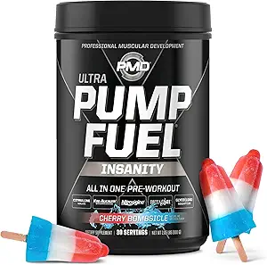 PMD Sports Pump Fuel Ultra Insanity - Premium Pre Workout Powder &amp; Muscle Pump, Greater Focus, Endurance & Recovery, Premium Creatine, Arginine & Beta Alanine - Cherry Bombsicle (30 Servings)