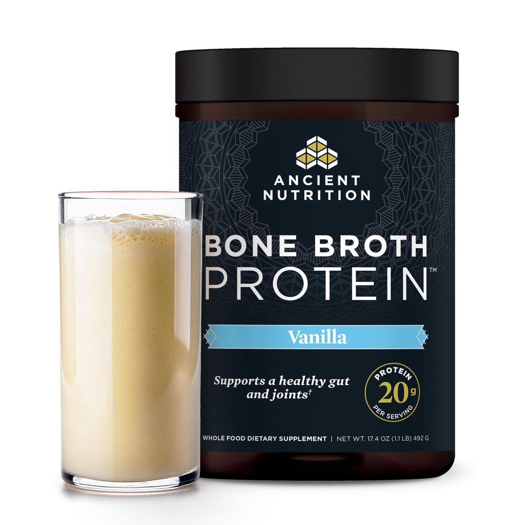 Ancient Nutrition Grass Fed, Cage Free, Bone Broth Protein Powder, 20g Protein, Hydrolyzed Collagen Peptides, Keto & Paleo Friendly, Supports Joint, Gut Health, Vanilla, 20 Servings