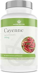 Nature Restore Cayenne Pepper Extract Supplement, Standardized to 0.45 Porcent Capsaicin, 70.000 Scoville Heat Units, 90 Capsules, Manufactured in USA, Non-GMO & Gluten Free