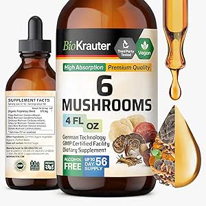 BIO KRAUTER 6 Mushrooms Suplemento 6-in-1 - Lions Mane, Shiitake,Turkey Tail, Cordyceps, Reishi & Chaga Liquid Extract - Mushroom Complex Tincture - Vegan Drops 4 Fl.Oz.