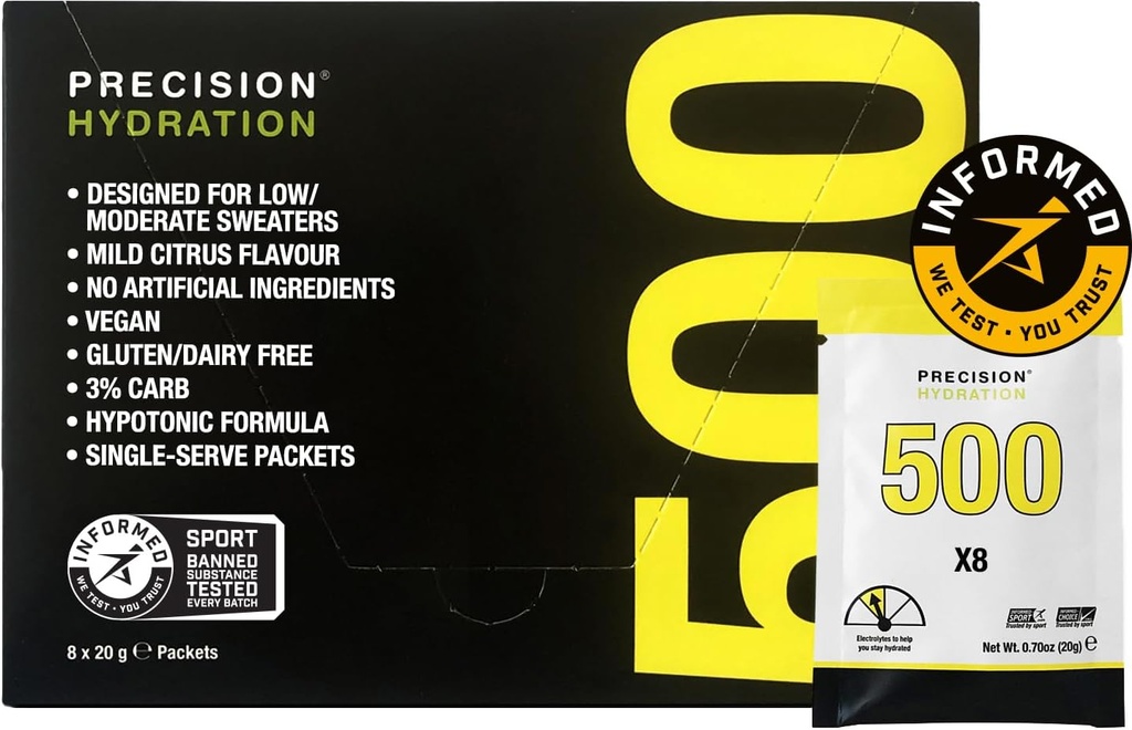 Precision Hydration Electrolyte Drink Mix - All Natural Multi Strength Electrolyte Powders - Serviciones impermeables individuales - Gluten/Dairy Gratis (500mg/L - Yellow Packet, Pack of 8)