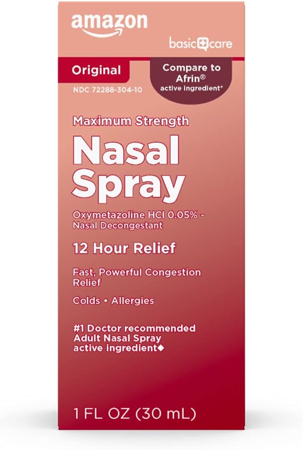 Cuidado básico Máximo Fuerza 12 Hora Nasal Spray, Oxymetazolina Solución HCl, Alivio de Congestión, Medicina Fría y Alergia, Decongestant, 1 fl oz (Pack of 1)