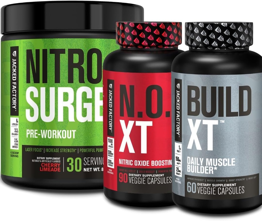 Jacked Factory Nitrosurge Pre Workout, N.O. XT Nitric Oxide Supplement & Build-XT Daily Muscle Builder Bundle