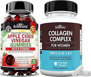 BioSchwartz ACV Mangas de vinagre de manzana con vitaminas complejas B (3 mes de suministro) más cápsulas de peptide de colágeno hidrolizado (con fuente de 45 días)