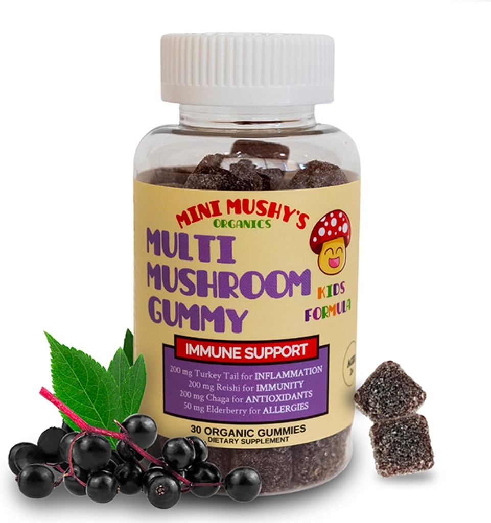 Mini Mushy's Organic Immune Support Daily Gummies ← Turquía Tail, Reishi, Chaga Mushrooms, Elderberry  durable for Kids Ages 2+ Color natural, Alergía Amiga, Bajo Azúcar ← Strawberry Flavor - 30 Conde