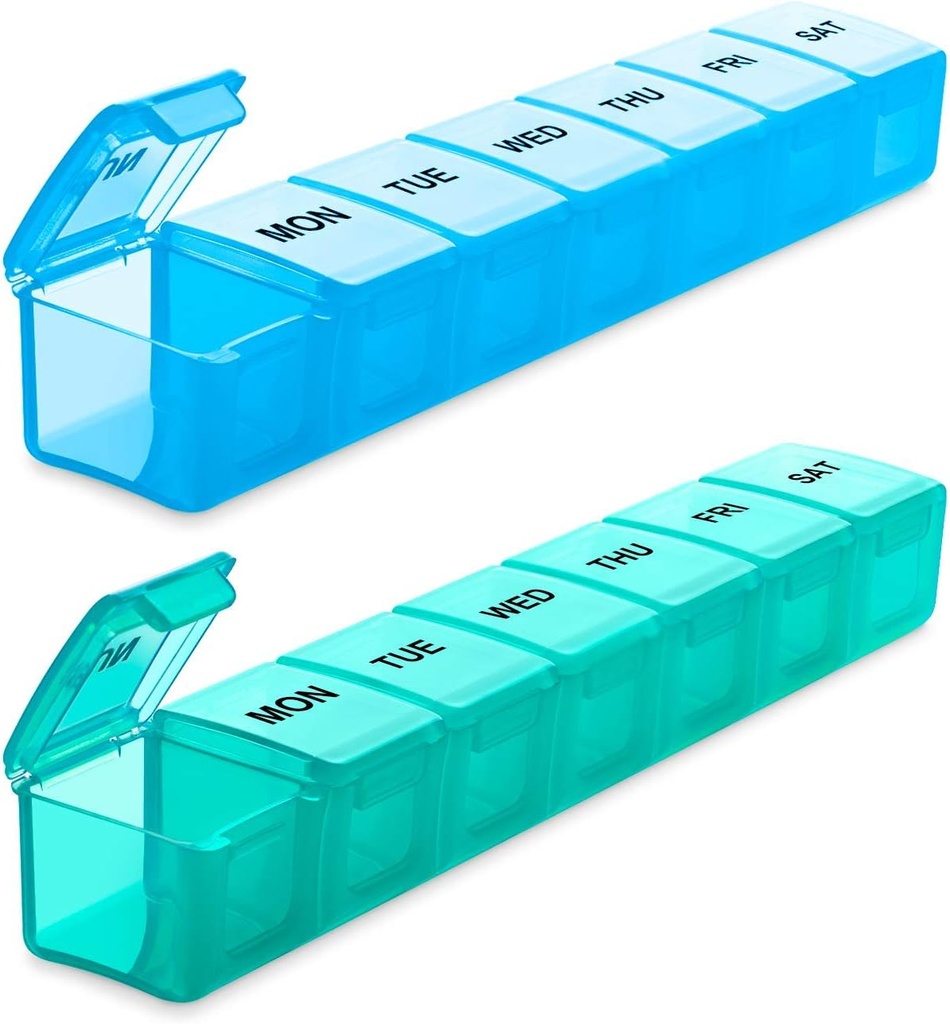 BUG HULL Organizador semanal de píldoras Grandes 2 paquetes, organizadores extra grandes de la pila de viajes, caja de la píldora 7 días, caja de la pila de viajes, organizador de la píldora de la medicina para vitaminas, suplementos y medicamentos (Blue+Green)