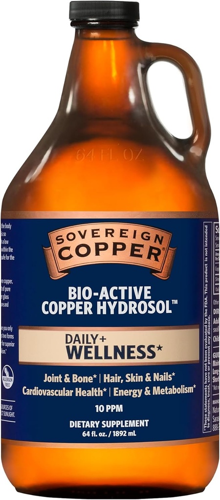 Soberano Cobre Bio-Active Copper Hydrosol, Daily+ 4-in-1 Wellness Suplemento para Conjunto y Hueso*, Cabello, Esquí y uñas*, Salud Cardiovascular* y Apoyo a la Energía y el Metabolismo*, 64oz