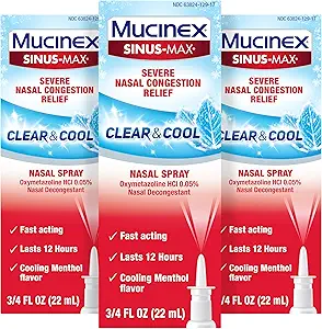 Mucinex Sinus-Max Nasal Spray Decongestant, 12 horas Over-The-Counter Medication Nose Spray for Sinus Relief, Nasal Decongestants for Adults, Cooling Menthol, 0.75 Fl Oz (Pack of 3)