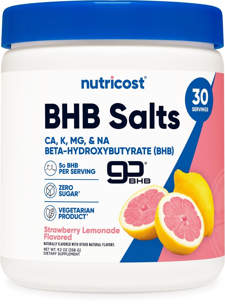 Nutricost BHB Salts Drink Mix (30 Servings, Strawberry Lemonade Flavored) (5G BHB Por Serving) - 0G Total Azúcares, Producto Vegetariano
