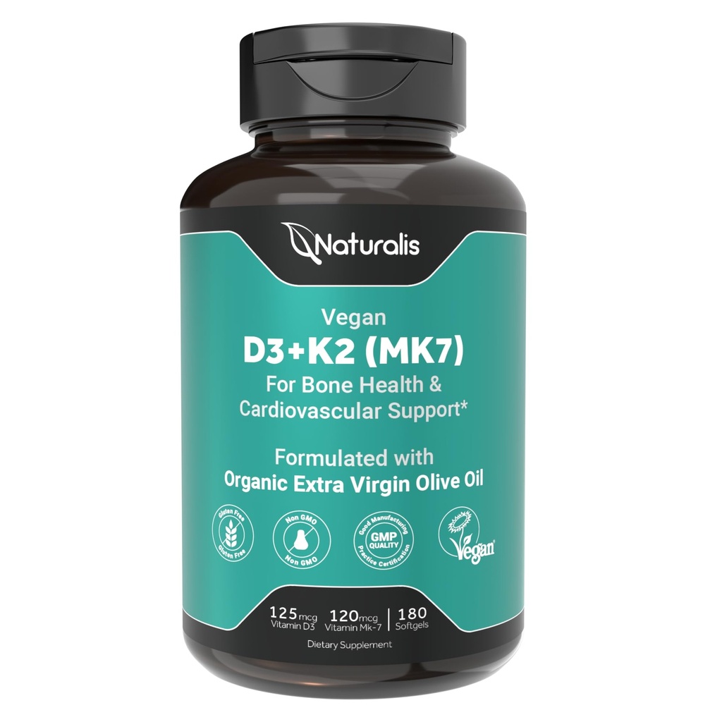 Naturalis Vegan Vitamina D3 + K2 con Aceite de Oliva Virgen Extra Ø 5000iu Vitamina D con 120mcg MK7 Vitamina K ← Mejor soporte para Bone &amp; Immune Health ← Vegan Society Certified 180 Softgels