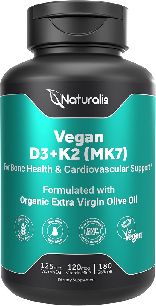 Naturalis Vegan Vitamina D3 + K2 con Aceite de Oliva Virgen Extra Ø 5000iu Vitamina D con 120mcg MK7 Vitamina K ← Mejor soporte para Bone &amp; Immune Health ← Vegan Society Certified 180 Softgels