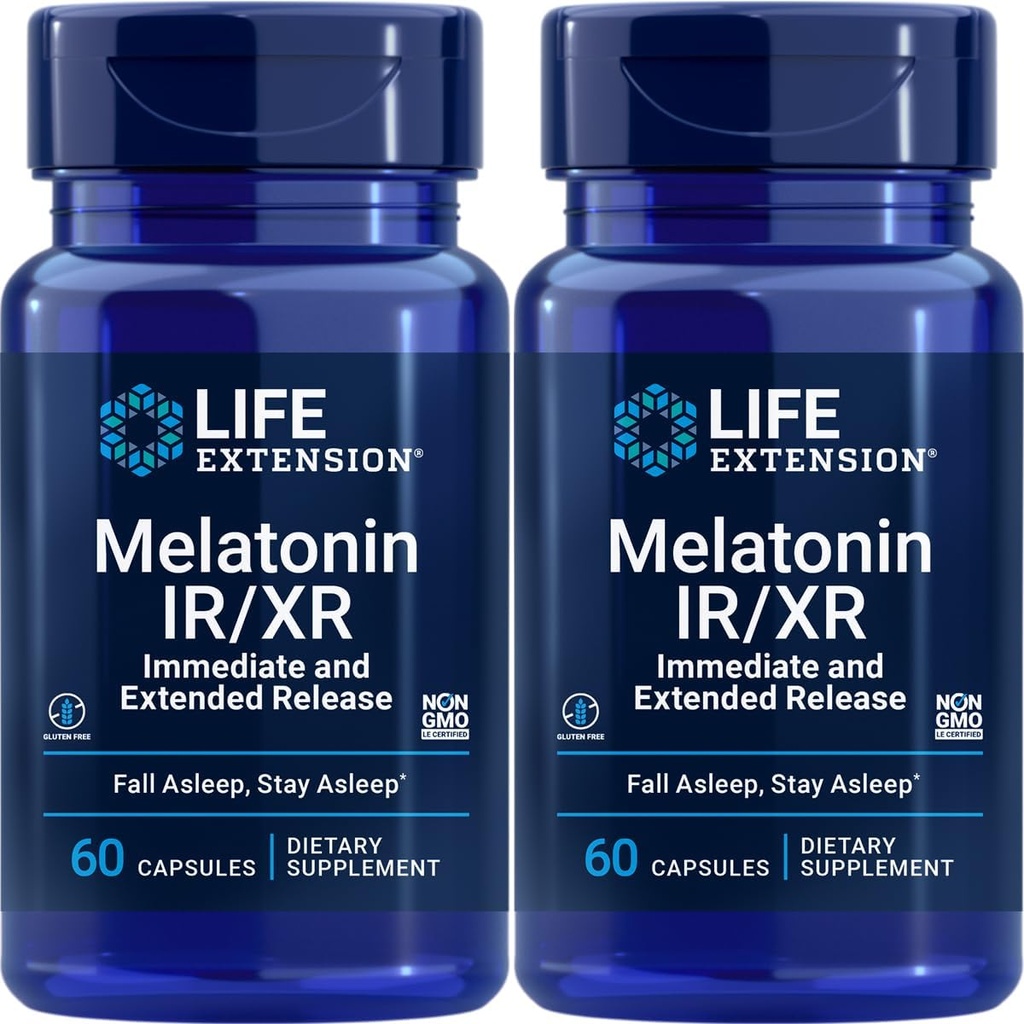 Extensión de la vida Melatonina IR/XR, 1,5 mg, Fórmula de liberación inmediata y ampliada para el apoyo al sueño óptimo, Ritmos circadianos saludables, Defensa celular, Libre de gluten, No GMO, 2 X 60 cápsulas