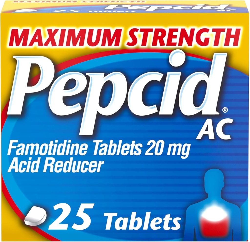 Pepcid AC Maximum Strength Heartburn Relief Tablets, OTC Medicine Prevents ' Relieves Heartburn " Acid Reflux Debido a la indigestión de ácido, 20 mg Famotidine Acid Reducer, Fast-Acting, 25 ct