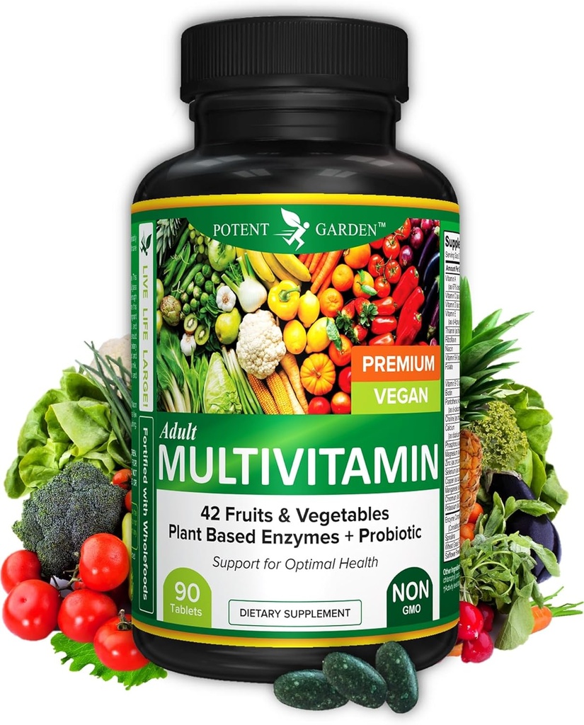 Potent Garden Adult Multivitamin for Women & Men, 42 Fruits & Vegetables Plus Probiotics, Supports Energy Metabolism & Immune System, Daily Multivitamin for Men & Women Non-GMO, 90 Tabs, 30 Servings