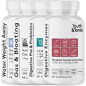 Jóvenes " Tonic Bloating Relief with Pre " Probiotics from Water Retention, Gas or Food Digestion with Water Pills, Liquid Activated Charcoal and Digestive Enzymes Bundle Pack