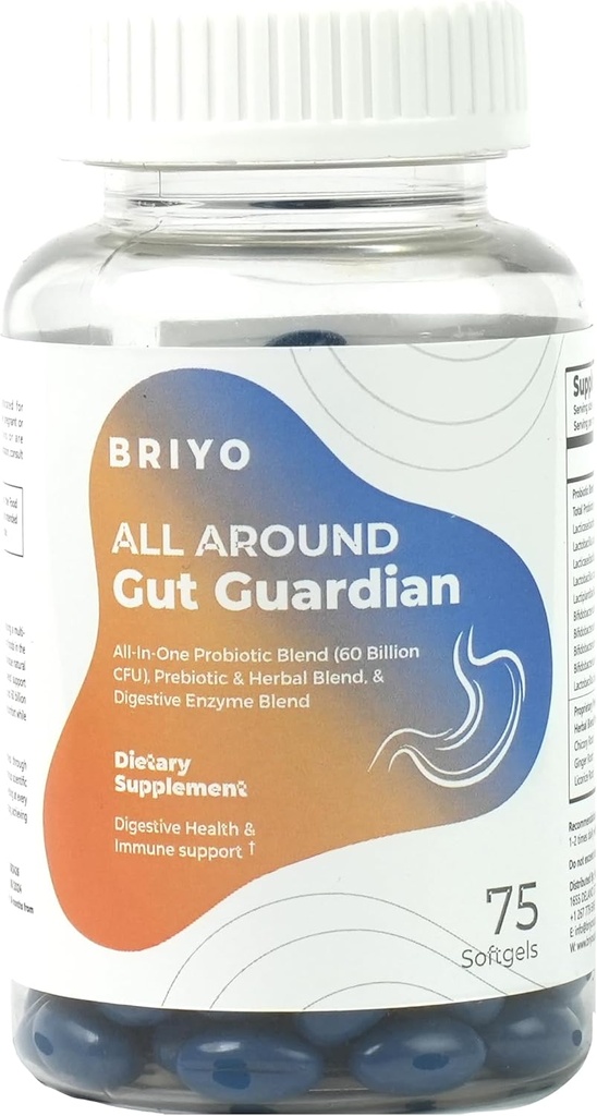 Briyo Gut Guardian Gut Health Support - 60 Billion CFU Probiotics, Prebiotics, Digestive Enzymes, and Herbs for Digestion & Immune Health - Relieves Constipation, Diarrhea, Gas &amp; Bloating