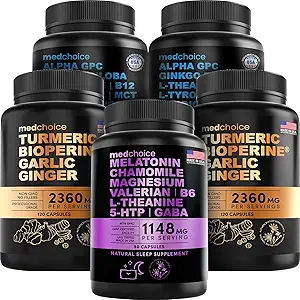MEDCHOICE Sleep Melatonin (90ct), Turmeric " Ginger (240ct), y Nootropic Brain (120ct) Supplement Bundle - Wellness Trio for Brain, Sleep, " Immune Support - Vegan, Non-GMO, Gluten-Free