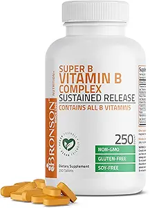 Bronson Super B Vitamin B Complex Sustained Slow Release (Vitamin B1, B2, B3, B6, B9 - Folic Acid, B12) Contains All B Vitamins 250 Tablets