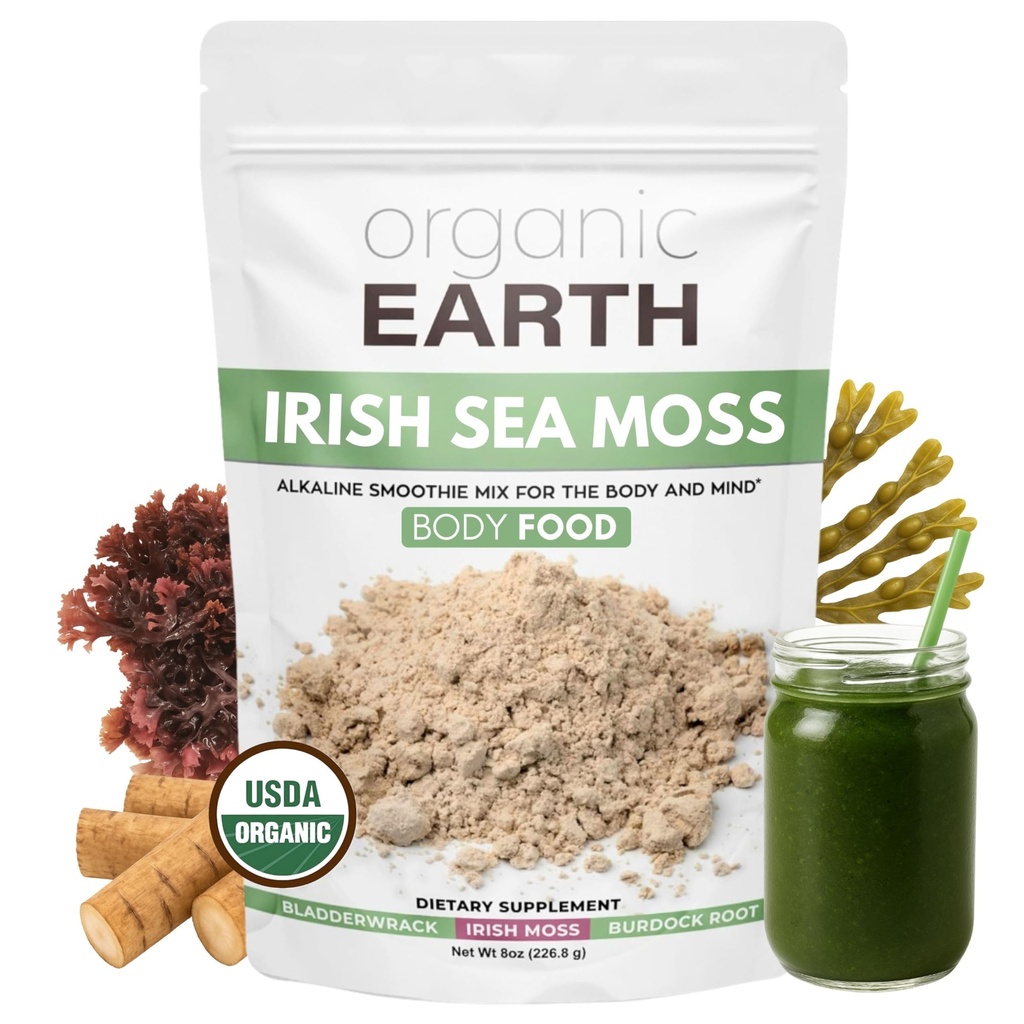 Organic Earth Irish Sea Moss Powder 8oz - Wildcrafted Sea Moss Organic with Bladderwrack " Burdock Root Powder - Thyroid, Digestion Support &amp; Healthy Skin - USDA Certified Organic